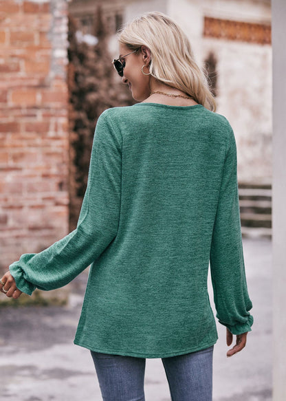 Round Neck Pleated Long Sleeve Brushed Knit Top