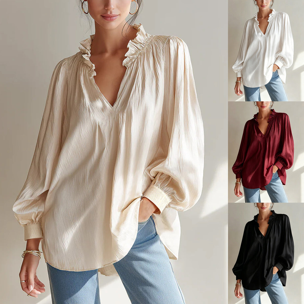 Women's Ruffle V-Neck Blouse Long Sleeve Loose Fit Top