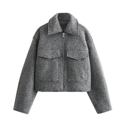 Women's Cropped Boucle Zip Jacket Collar Pocket