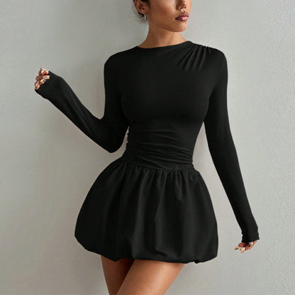 Long Sleeve Fitted Bubble Dress Ruched Waist Mini