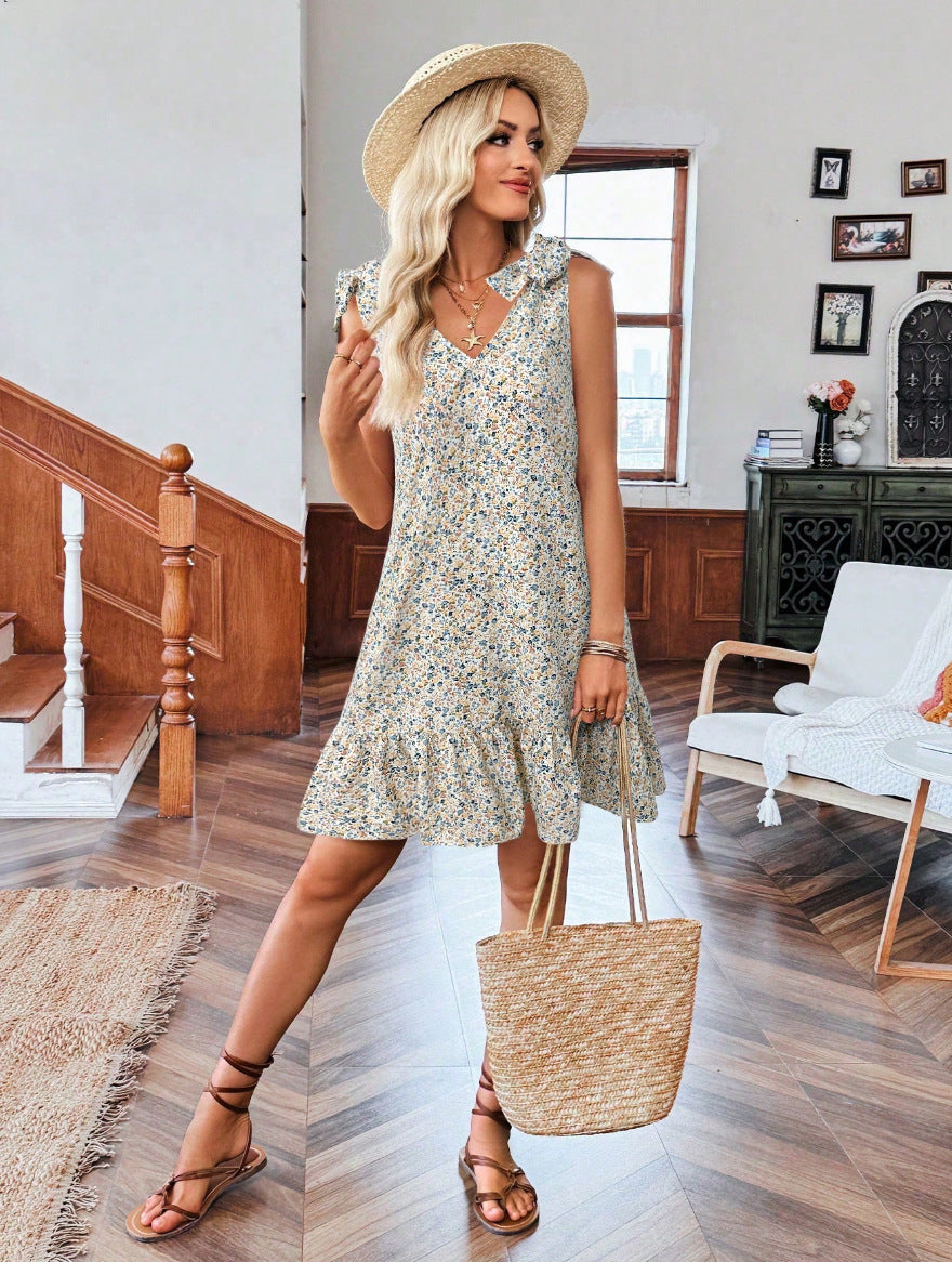Floral V Neck Tie Shoulder Ruffle Hem Mini Dress
