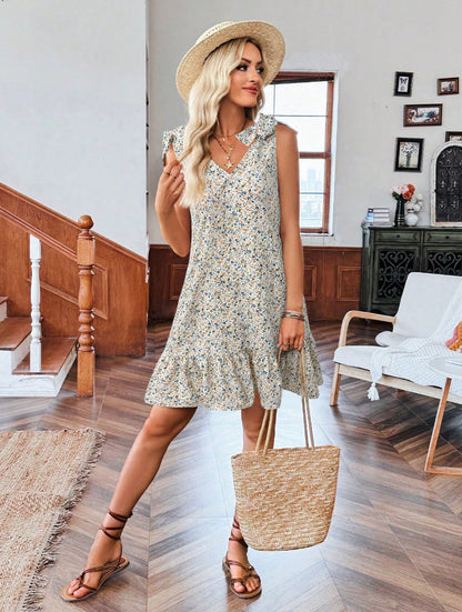 Floral V Neck Tie Shoulder Ruffle Hem Mini Dress
