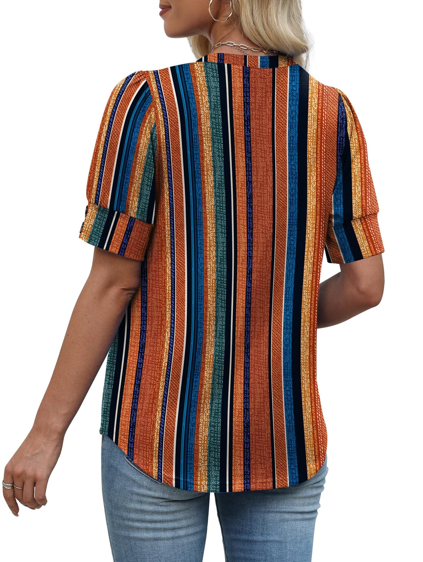Solid Color V Neck Button Sleeve Puff Top Casual Tee