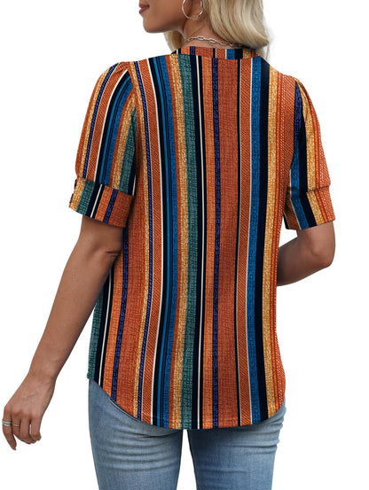 Solid Color V Neck Button Sleeve Puff Top Casual Tee