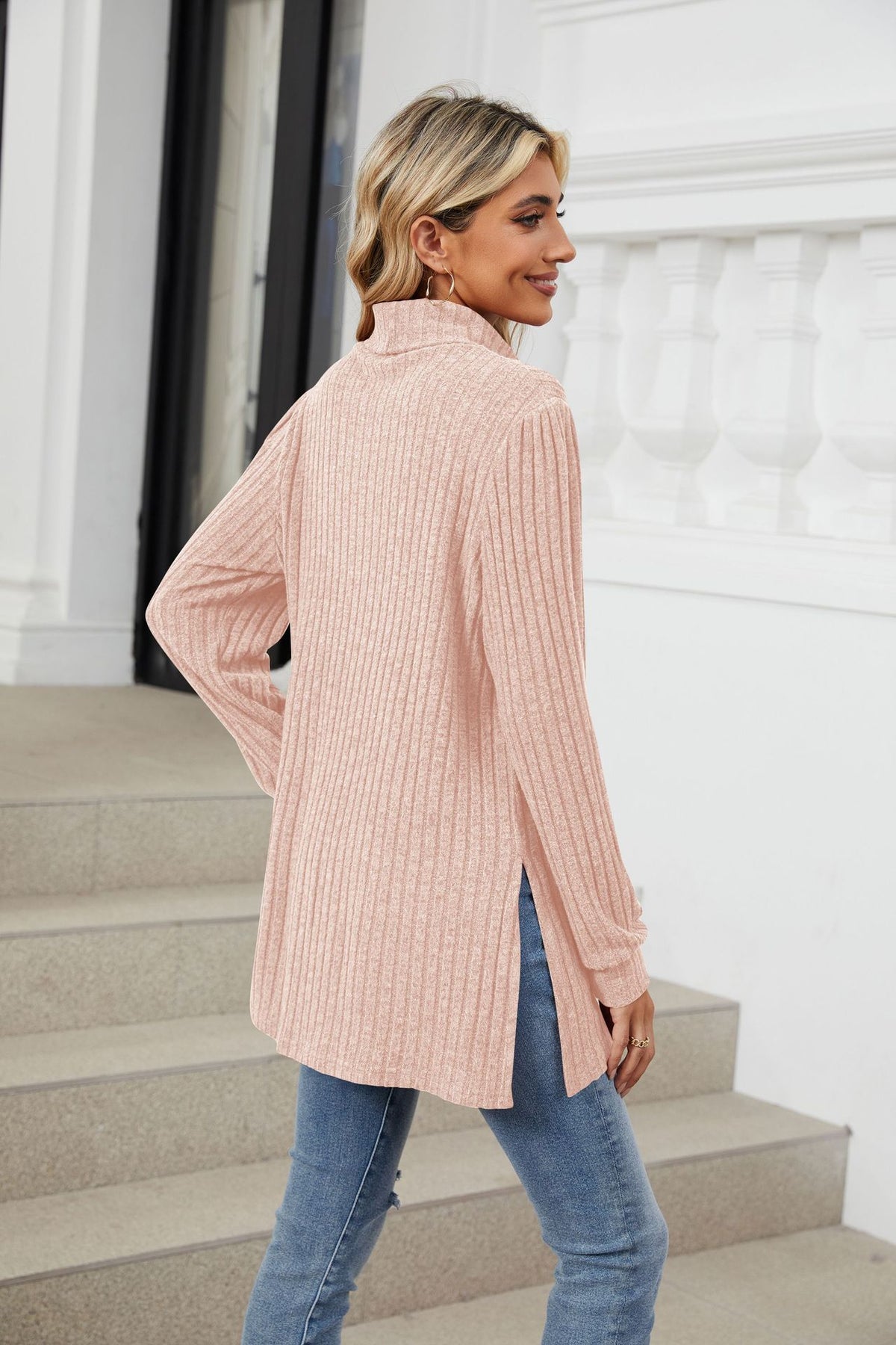 Women's Ribbed Mock Neck Long Sleeve Tunic with Pockets