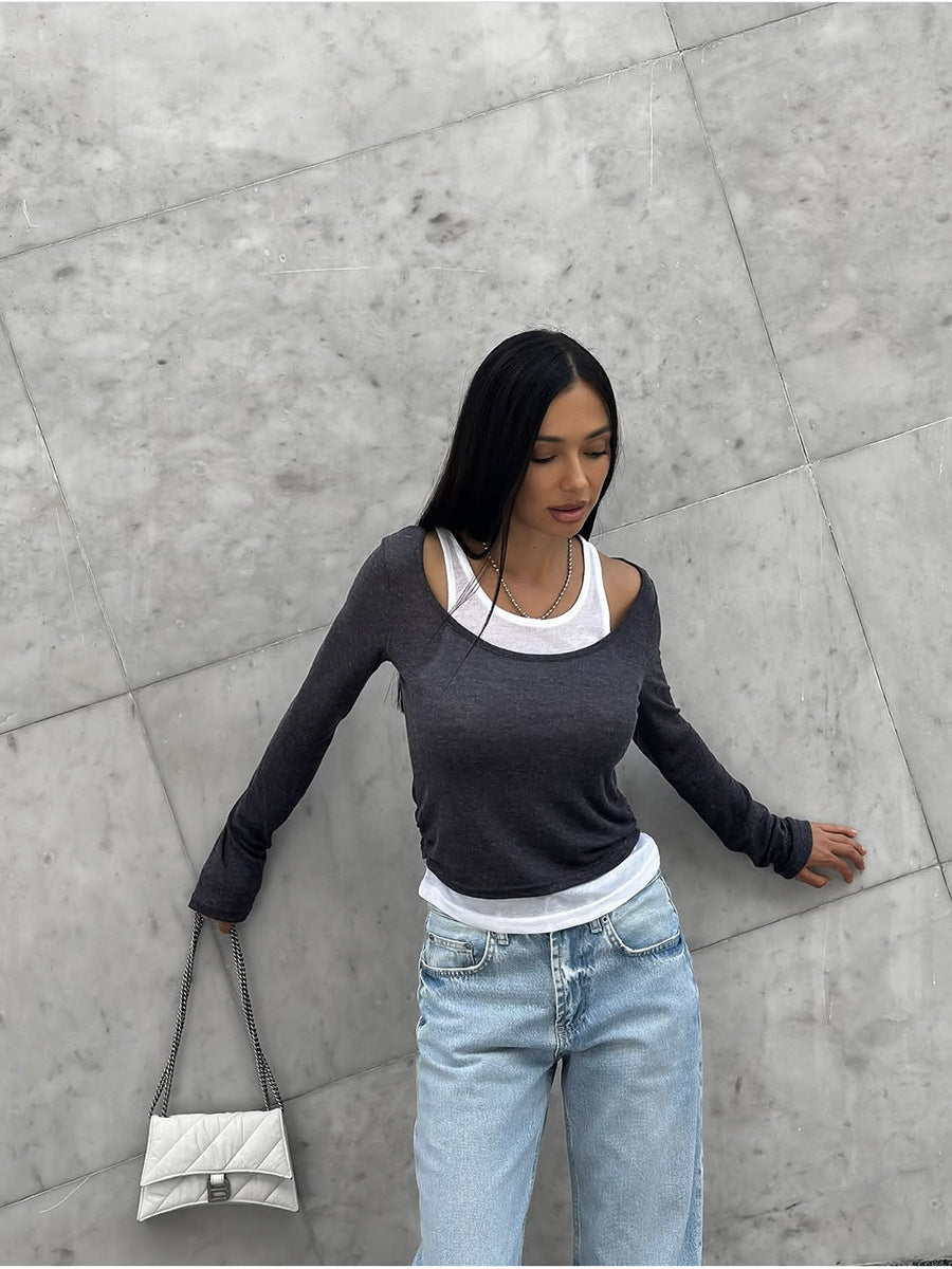 Vintage Layered Look Contrast Long Sleeve Modal Tee