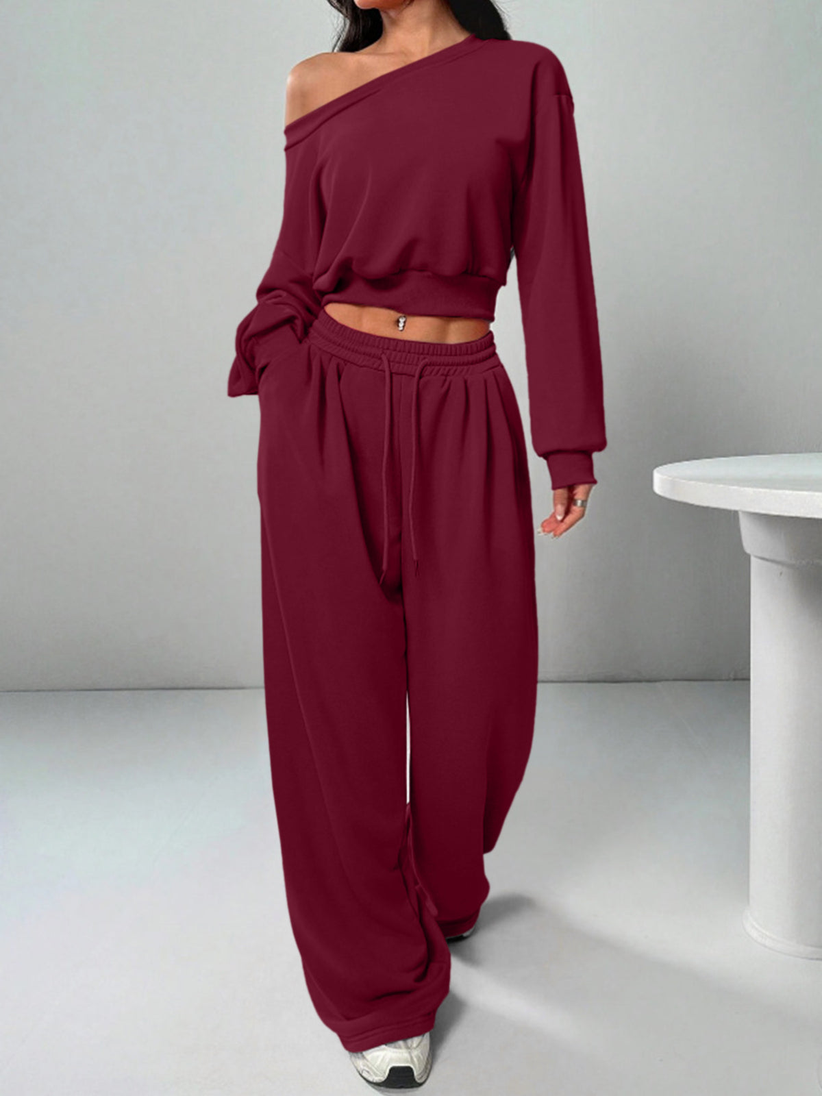 Off Shoulder Crop Sweatshirt Wide Leg Sweatpants Set