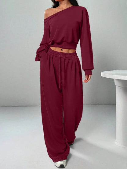 Off Shoulder Crop Sweatshirt Wide Leg Sweatpants Set