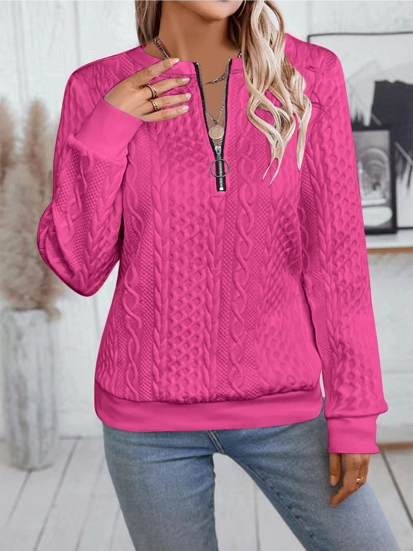 Women's Cable Knit Half Zip Pullover Sweatshirt Long Sleeve
