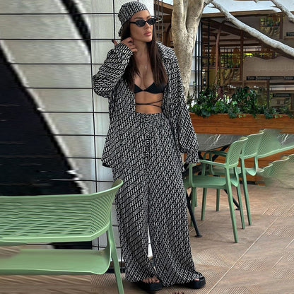 Women's Satin Logo Print Shirt & Wide Leg Pants Set