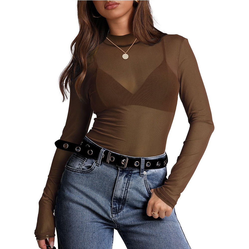 Y2K Mesh Semi-Turtleneck Sexy Long Sleeve T-Shirt