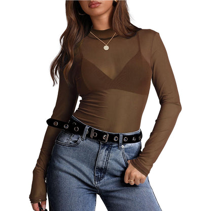 Y2K Mesh Semi-Turtleneck Sexy Long Sleeve T-Shirt
