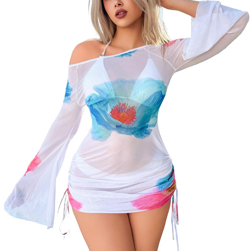 Sexy Sheer Mesh Floral Mini Dress Bell Sleeve