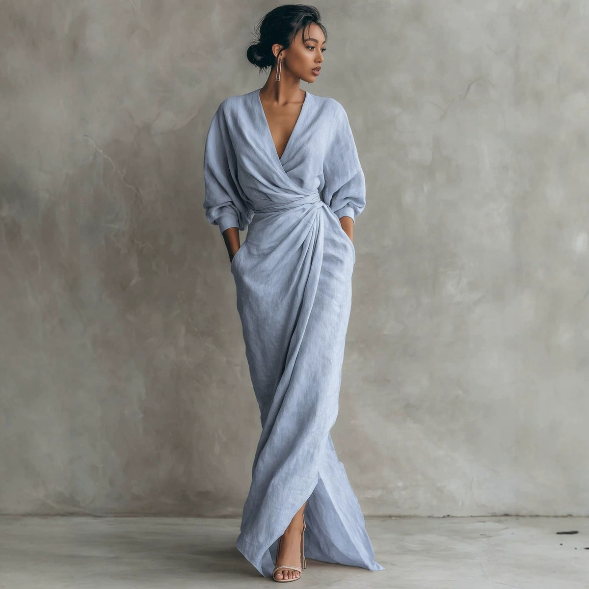 Elegant Wrap V-Neck Maxi Dress Side Slit Pockets