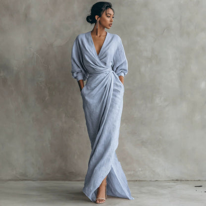 Elegant Wrap V-Neck Maxi Dress Side Slit Pockets