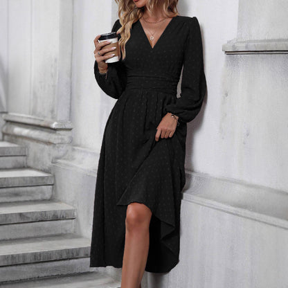 Women's V-Neck Lantern Sleeve Smocked Waist Midi Dress