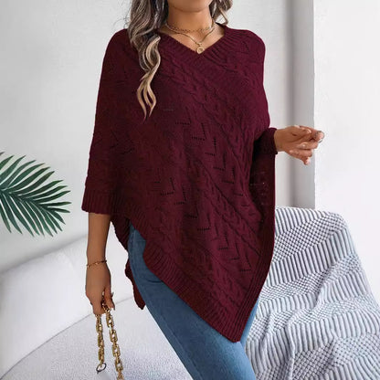 Women's Oversized Cable Knit V-Neck Poncho Sweater