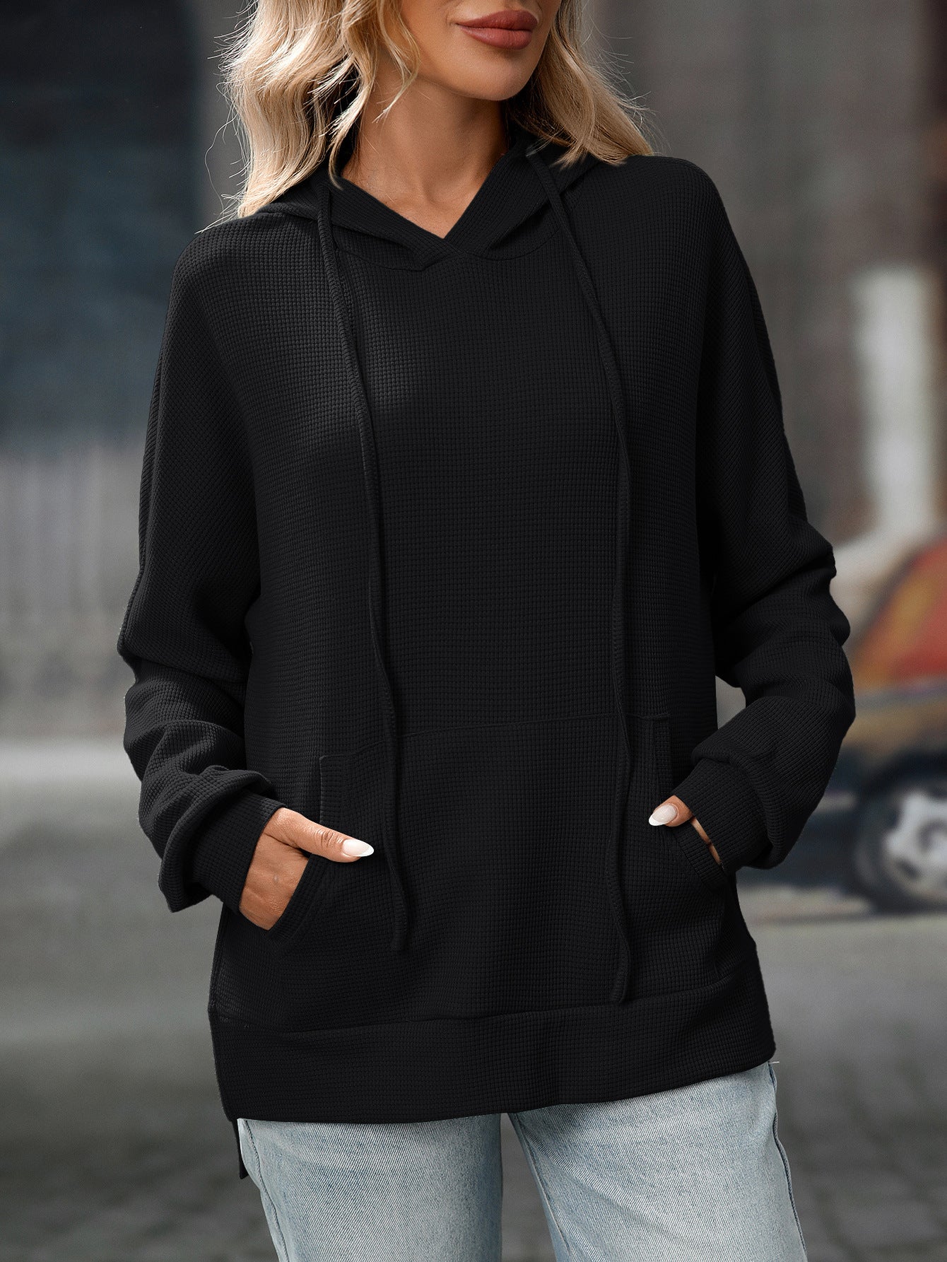 Black Waffle Knit Hoodie Pullover with Kangaroo Pocket