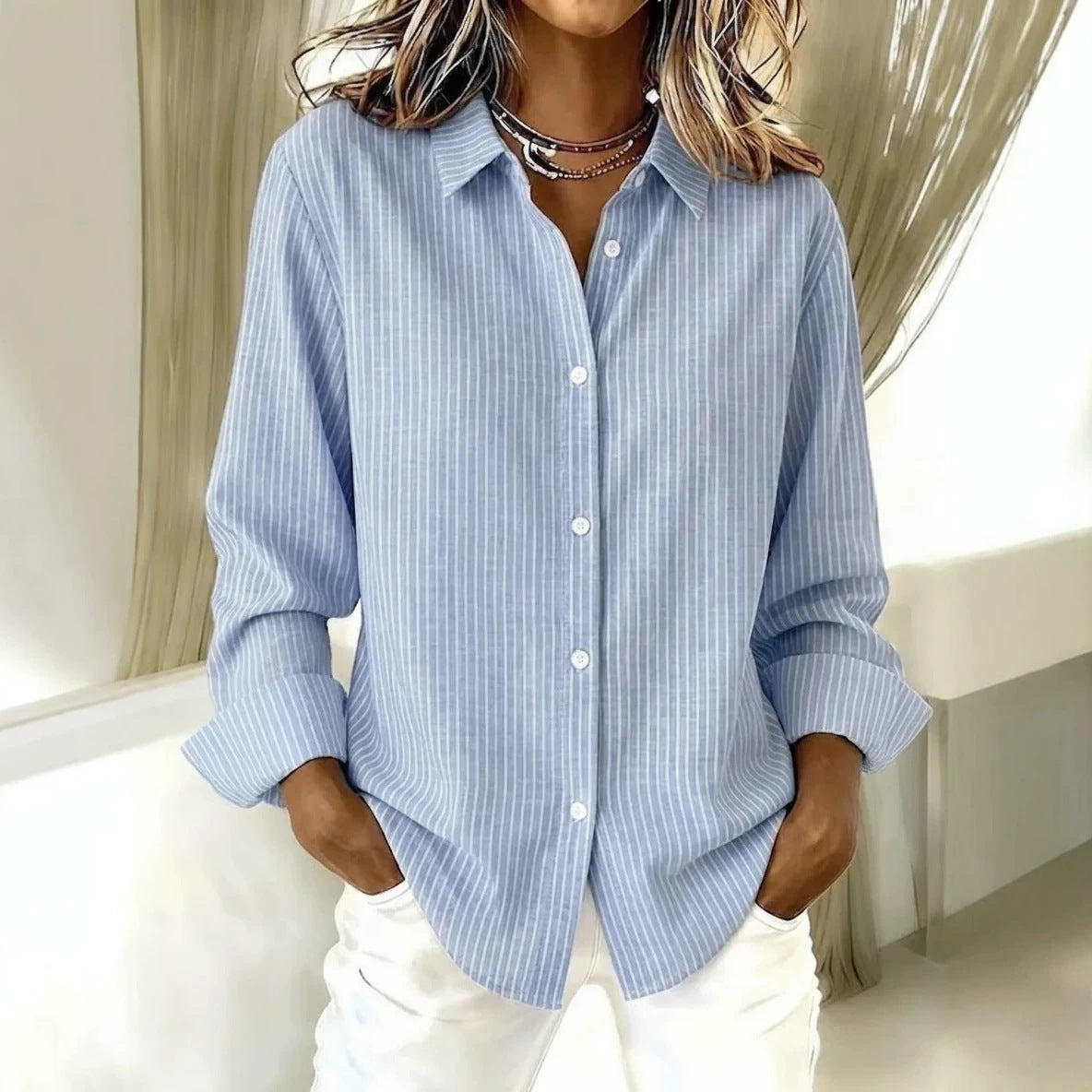 Striped Button Down Shirt Relaxed Long Sleeve Blouse