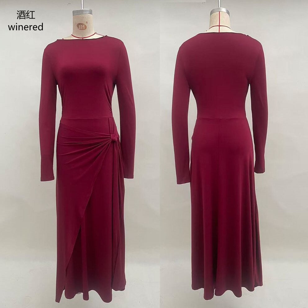 Women's Long Sleeve Knot Waist Maxi Dress A-Line