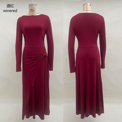 Women's Long Sleeve Knot Waist Maxi Dress A-Line