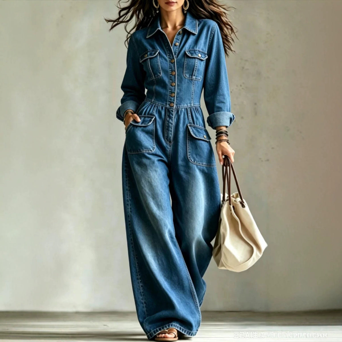 Denim Cargo Jumpsuit Women Long Sleeve Wide Leg Washed