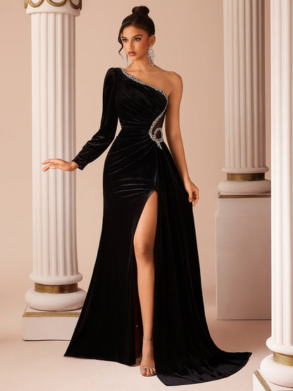 One Shoulder Velvet Rhinestone Slit Evening Gown