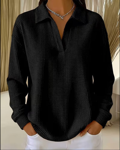 Waffle Knit Collared V Neck Long Sleeve Oversized Tunic Top