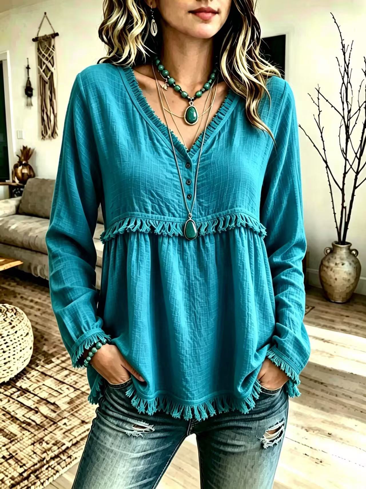 Women's V-Neck Fringe Long Sleeve Casual Blouse