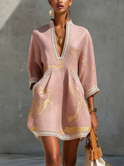 Women's V-Neck Lace Gold Metallic Mini Dress 3/4 Sleeve