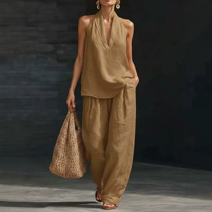 Women Halter Top Wide Leg Pants 2 Piece Set Casual Summer