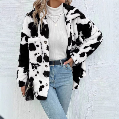 Women's Fuzzy Cow Print Sherpa Jacket with Pockets
