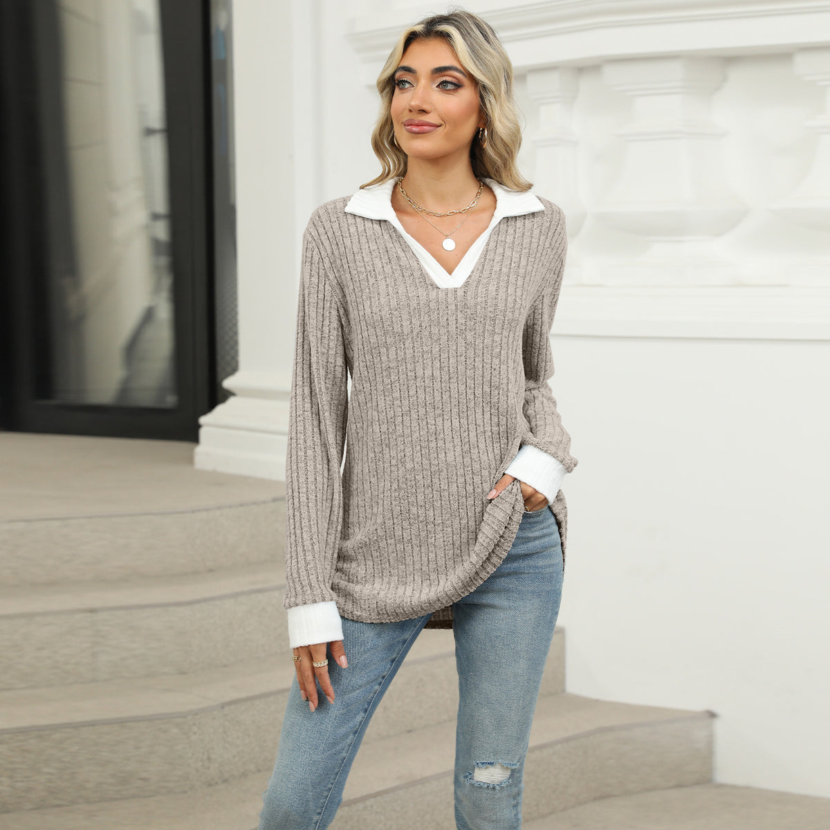 Women's Oversized Contrast Collar V Neck Long Sleeve Top