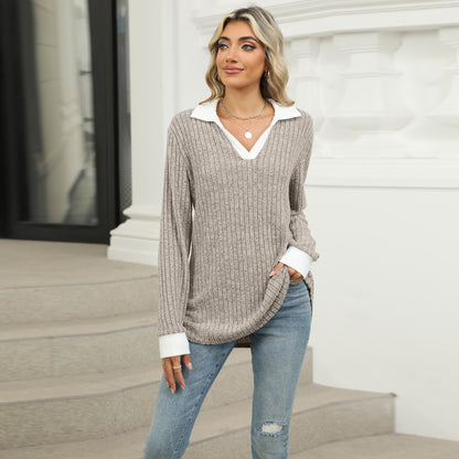 Women's Oversized Contrast Collar V Neck Long Sleeve Top