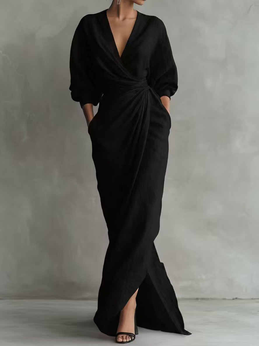 V-Neck Long Sleeve Tie Waist Slit Maxi Dress