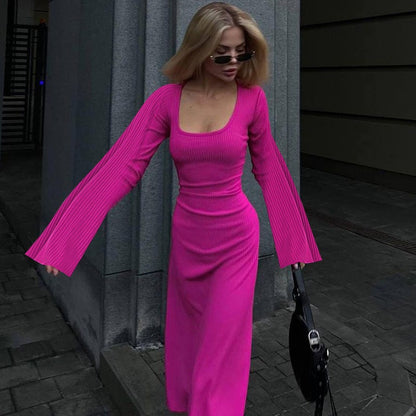Women's Ribbed U Neck Tie Back Long Sleeve Maxi Dress