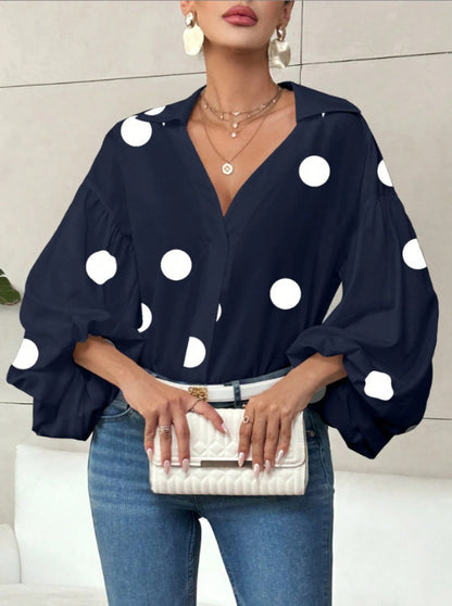 Women's Polka Dot V-Neck Puff Sleeve Loose Blouse
