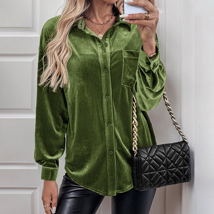 Solid Velvet Button-Up Lantern Sleeve Collared Blouse