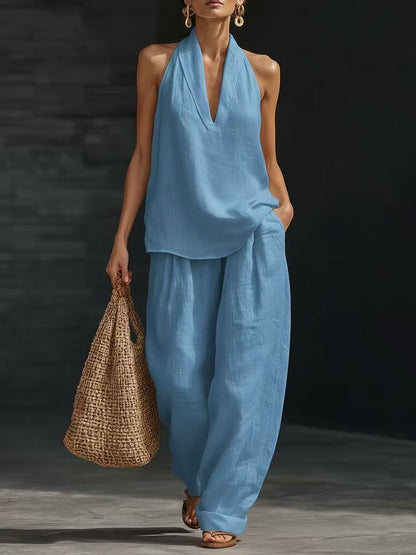 Women's Sleeveless Halter Top Wide Leg Pants Matching Set