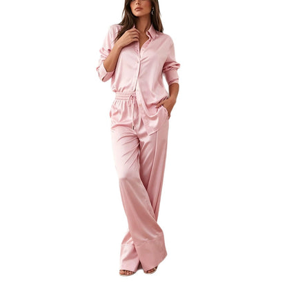 Women's Satin Shirt Wide Leg Pants Two Piece Set