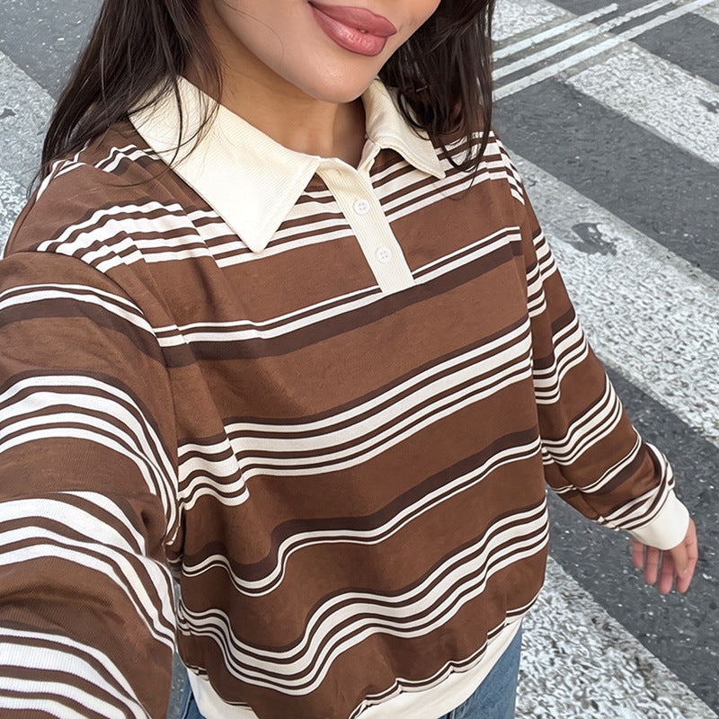 Striped Polo Sweatshirt Contrast Collar Relaxed Fit