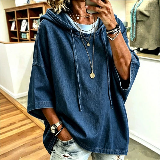 Women's Oversized Denim Hoodie Batwing Sleeve Top