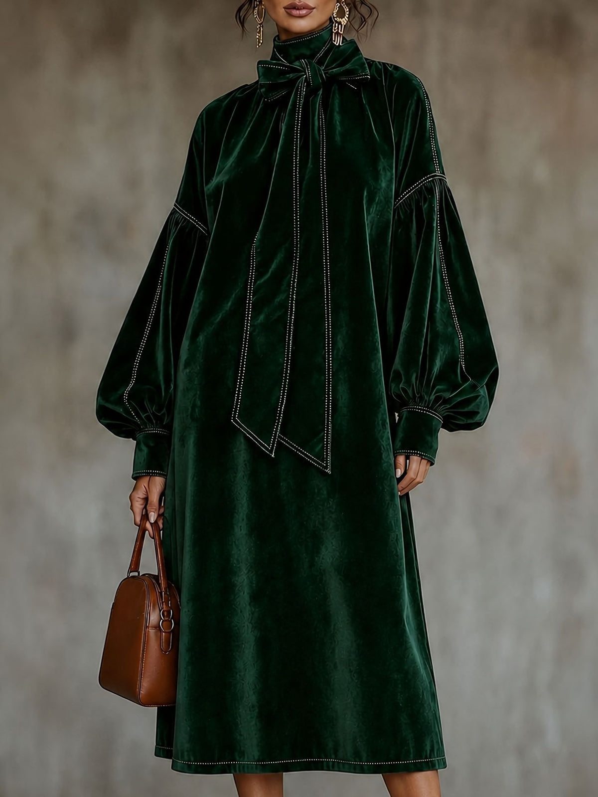 Elegant Velvet Tie Neck Midi Dress Long Puff Sleeve