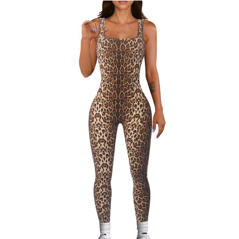 Women's Animal Print Square Neck Backless Bodycon Jumpsuit