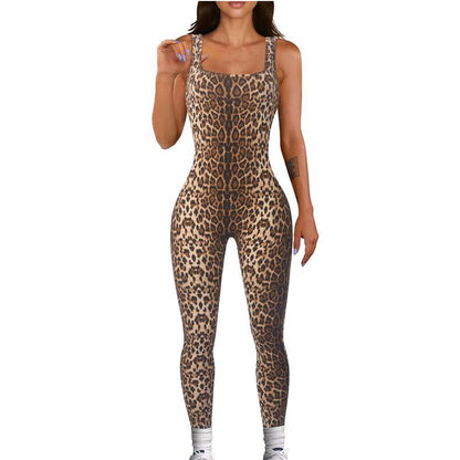 Women's Animal Print Square Neck Backless Bodycon Jumpsuit