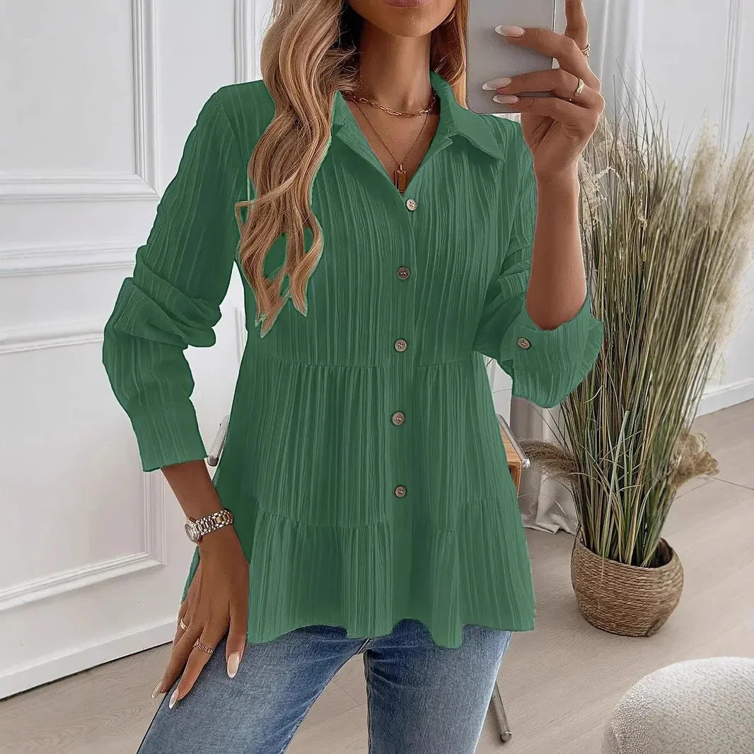 Women's Tiered Collared Long Sleeve Button Down Blouse