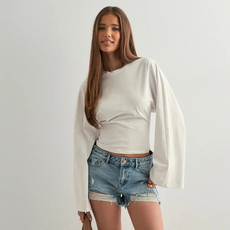 Women's Solid Batwing Long Sleeve Cinched Waist Crop Top