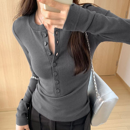 Women's Ribbed Long Sleeve Fitted Button Henley Top
