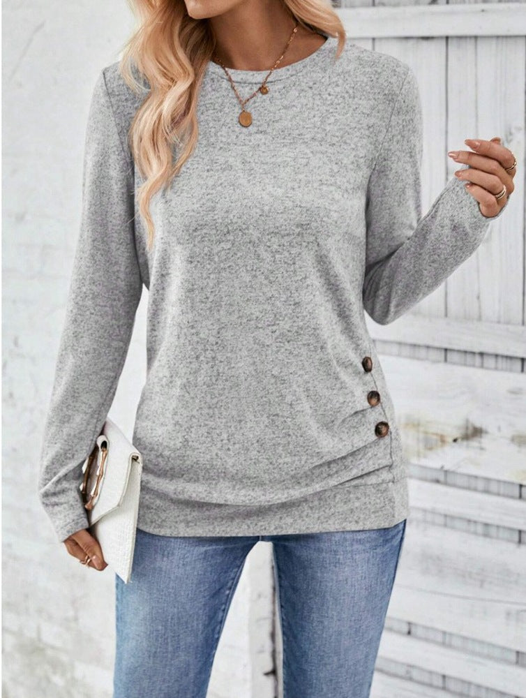 Women's Long Sleeve Crew Neck Side Button Casual Top