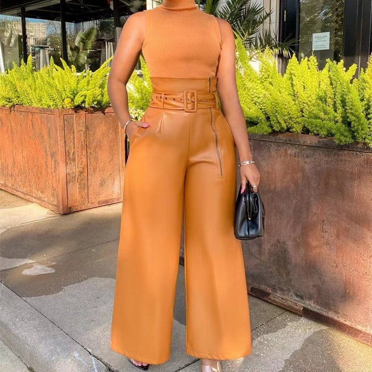 Women's High Waist PU Leather Wide Leg Belted Pants